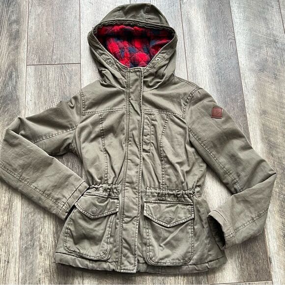 Hollister Olive Green Anorak Jacket Flannel-Lined Coat Small Red Plaid Lining - Picture 6 of 10